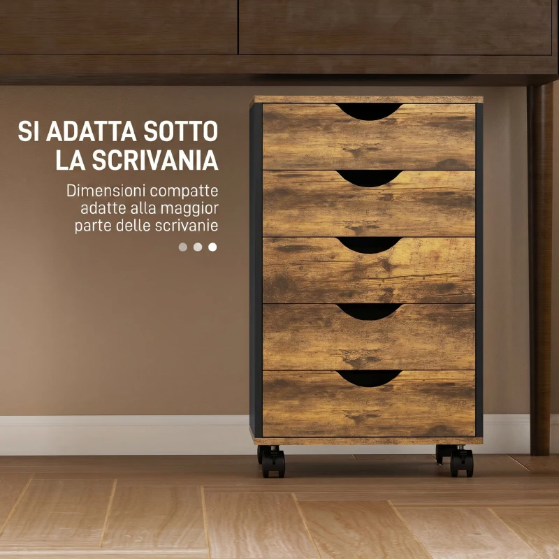 HOMCOM Cassettiera da Ufficio a 5 Cassetti con Ruote Girevoli e Freni, in Legno, 40x40x67 cm, Marrone