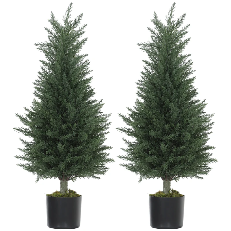 HOMCOM Artificial Cypress Tree, 90 cm Fake Cypress Tree with Plastic Pots, UV-Resistant Faux Plants for Garden Front Porch Decoration, 2 Pack