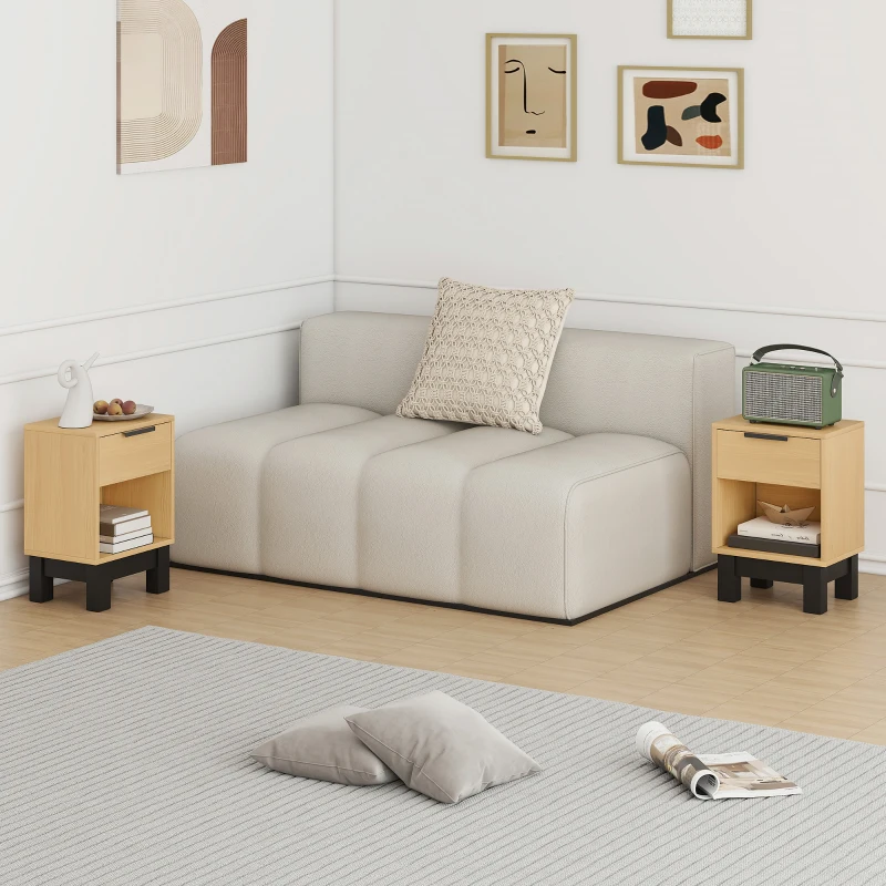 HOMCOM Juego de 2 Mesitas de Noche Estrechas Mesillas de Noche Modernas con Cajón Estante Abierto 35x26x50 cm Roble
