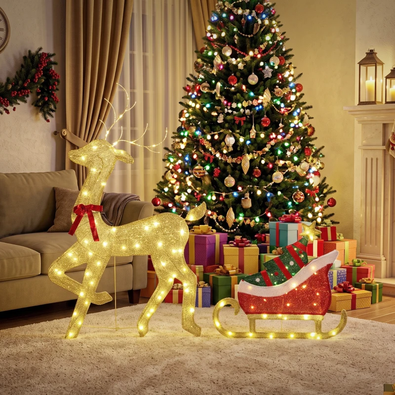 Outsunny Reno Navideño Iluminado con Trineo con 95 LED Blanco Cálido, 8 Modos de Iluminación y Temporizador, Oro