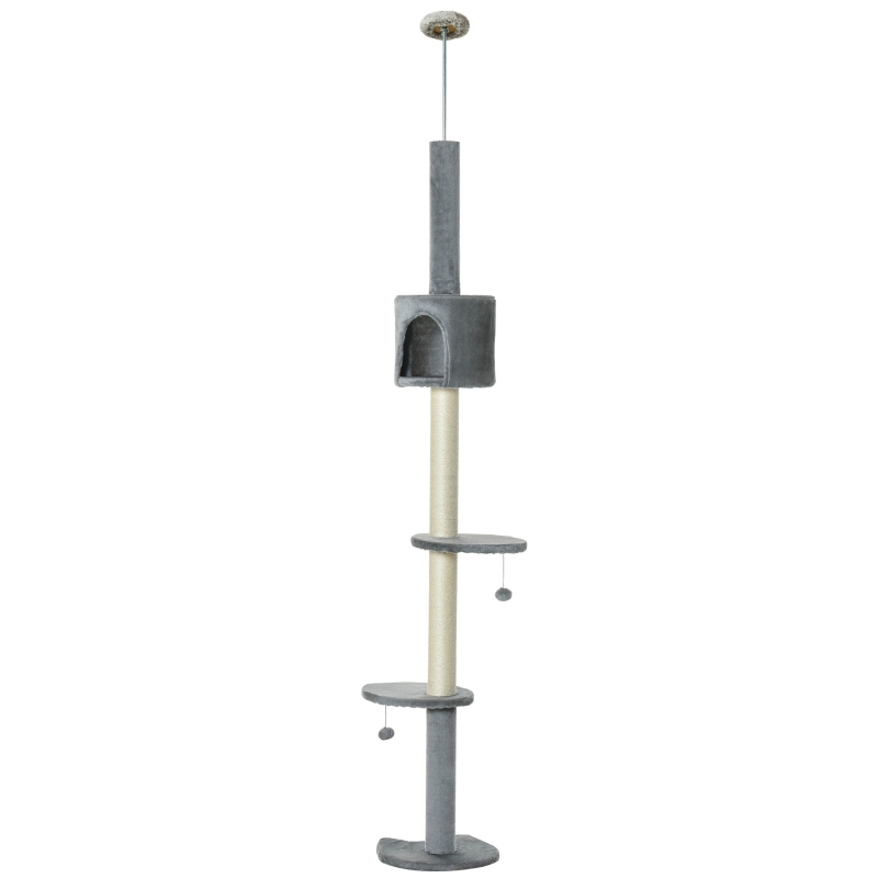 PawHut Árbol Rascador para Gatos Rascador para Fijar al Techo Altura 255 cm con Plataformas Cueva Postes de Sisal Bolas Colgantes Gris Claro