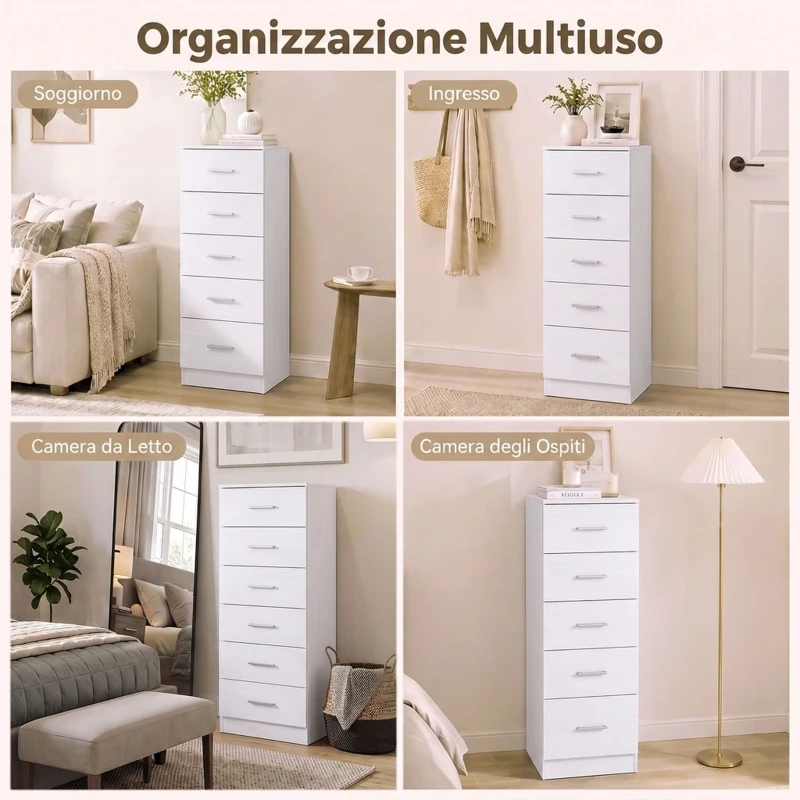 HOMCOM Cassettiera Alta a 6 Cassetti con Sistema Antiribaltamento, 40x40x110 cm, Bianco