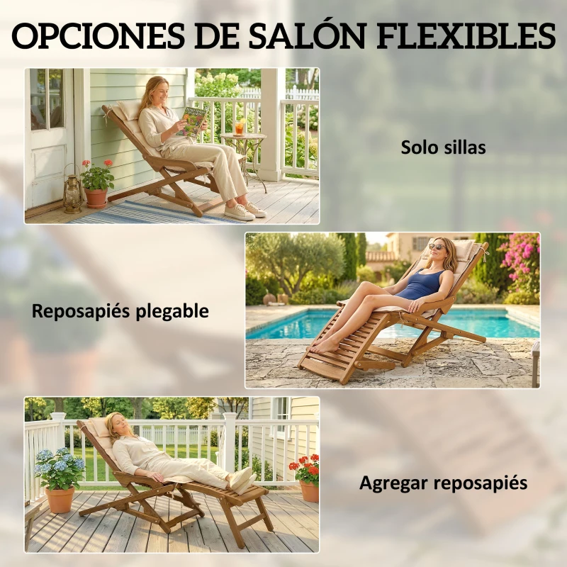 Outsunny Tumbona Silla Plegable de Madera con Reposapiés Desmontable y Cojín con Reposacabezas Carga 160 kg 158x61x70 cm Beige