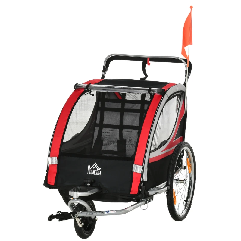 HOMCOM Remolque de Bicicleta para Niños +18 Meses 2 en 1 Cochecito de Paseo de 2 Plazas con Freno de Mano Cinturón de Seguridad Bandera y Reflectores 142x75x101 cm Rojo