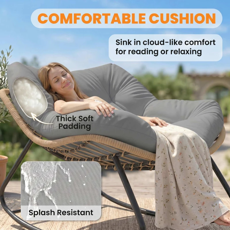 Outsunny Indoor Outdoor Rocking Chair, Oversized Rocking Egg Chair with Cushion for Living Room, Garden, Patio, Grey