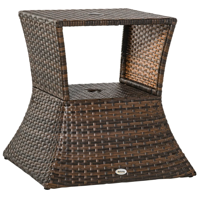 Outsunny Tavolino da Giardino con Ripiano Inferiore e Foro per Ombrellone da 4cm in Rattan 54x54x55cm Marrone
