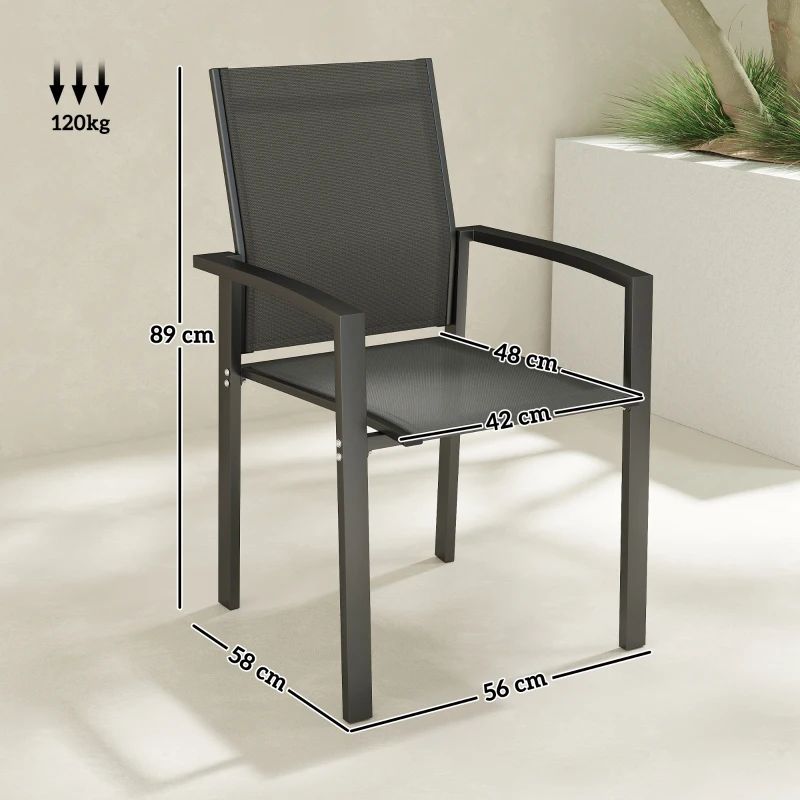 Outsunny Set 2 Sedie da Giardino Impilabili con Seduta Traspirante, in Alluminio e Textilene, 56x58x89 cm, Grigio Carbone