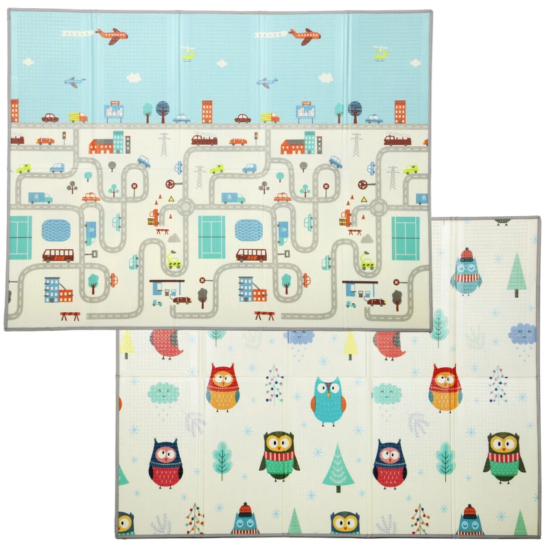 AIYAPLAY Foldable Baby Plat Mat Double Sided, Kids Floor Mat for Crawling, 200L x 150W cm, Car track and Owl Theme