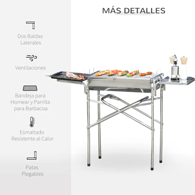 Outsunny Barbacoa de Carbón Portátil de Acero Inoxidable con 2 Estantes Laterales Bandeja y Parillas al Aire Libre para BBQ Camping Senderismo Picnics 104x30x68 cm Plata