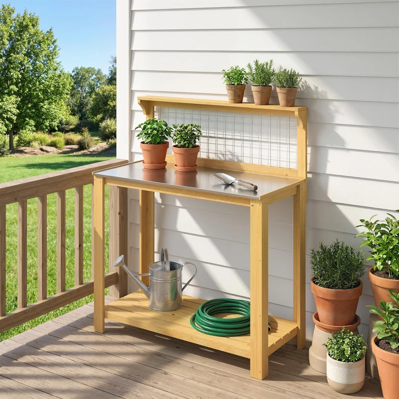 Outsunny Wooden Potting Bench Table with Aluminium Worktop, Outdoor Garden Workbench with 2 Shelves