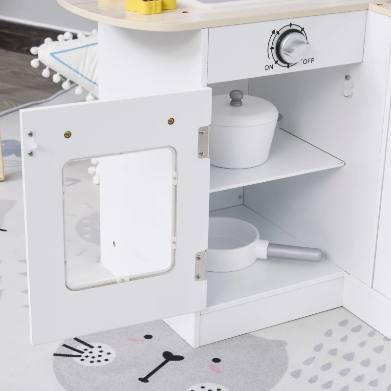 HOMCOM Cucina Giocattolo per Bambini in Legno con 14 Accessori, Forno, Lavandino, Frigo e Microonde, Età 3+ Anni, 86x64x84.5cm, Bianco e Argento