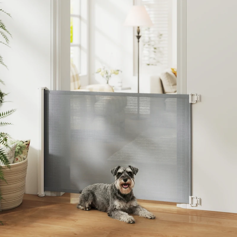 PawHut Barrera Seguridad para Perros Extensible Barrera para Mascotas con Extensión de Acero 5,5-115x5,5x82,5 cm Gris
