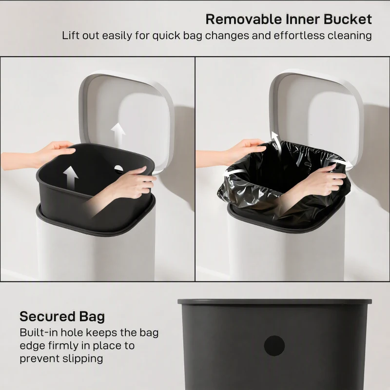 HOMCOM 30L Kitchen Bin, Compact Pedal Bin with Soft-Close and Stay-Open Lid, Removable Bucket for Kitchen, Home, Office, Cream