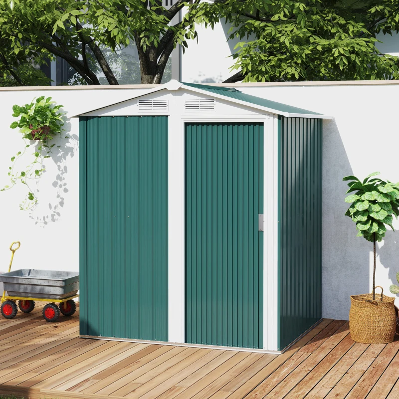 Outsunny Casetta da Giardino Porta Attrezzi in Acciaio con Tetto Inclinato e 4 Prese d'Aria, 152x132x188 cm, Verde