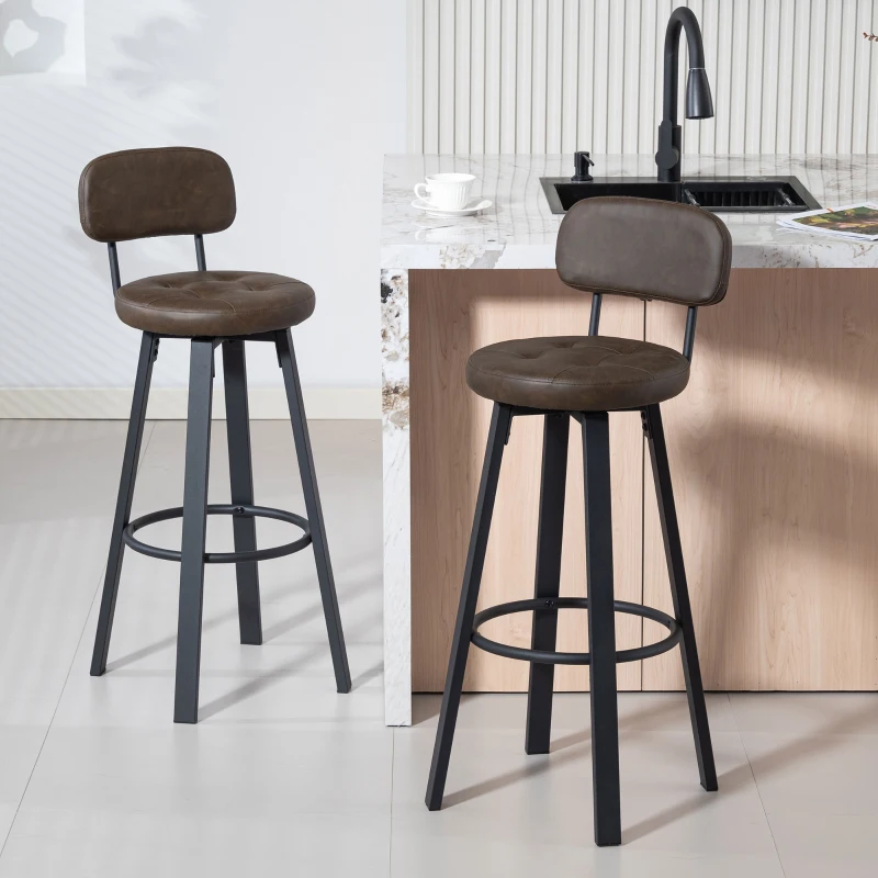 HOMCOM Juego de 2 Taburetes Altos de Cocina Giratorios Tapizados de PU con Respaldo Marco de Metal Reposapiés Marrón Oscuro