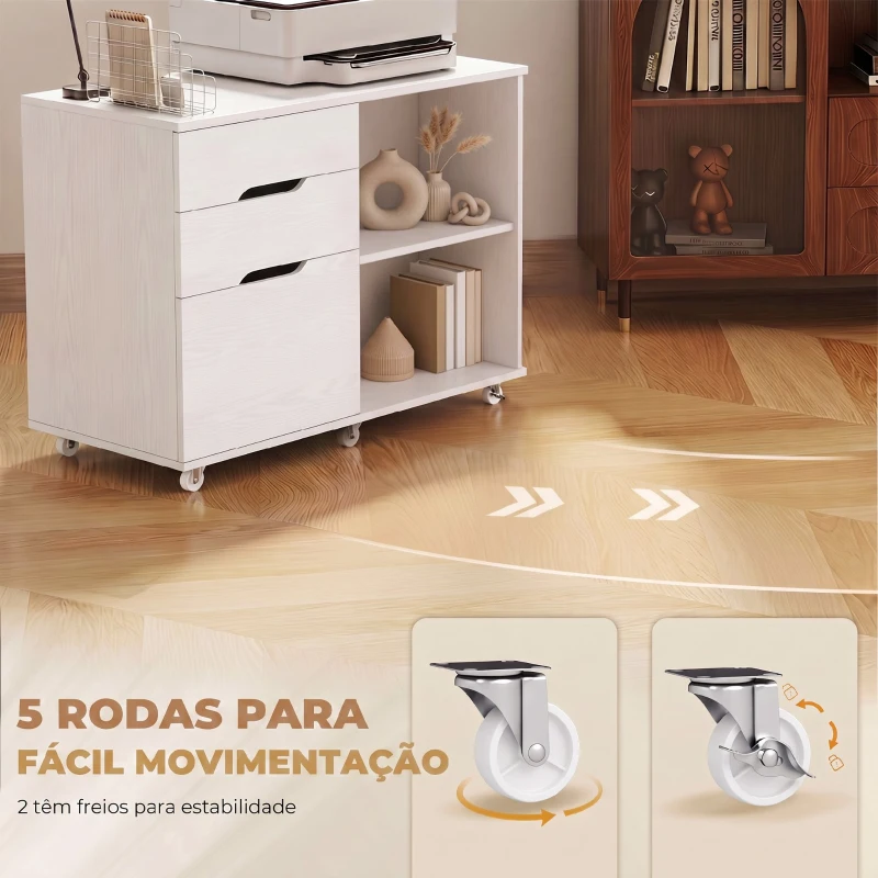 HOMCOM Móvel para Impressora com Rodas, 3 Gavetas, Barra Ajustável, 2 Prateleiras Abertas e Puxadores, para Documentos A4, Branco