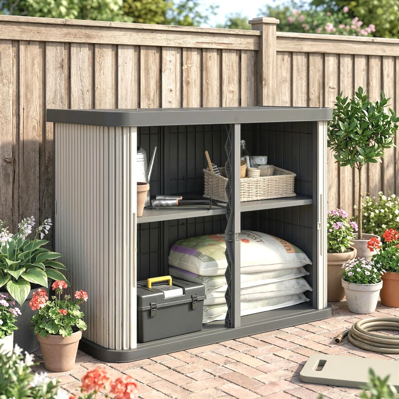 Outsunny Coffre de Rangement Extérieur 480 L, 2 Niveaux avec Portes Coulissantes Résistant aux UV, 120,5x59,5x92cm, Marron Clair