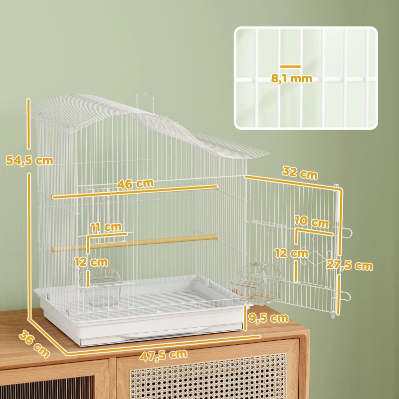 PawHut Gabbia per Uccelli a 4 Porte con 2 Ciotole, 2 Posatoi e Vassoio, in Metallo e Plastica, 47.5x36x54.5 cm, Bianco