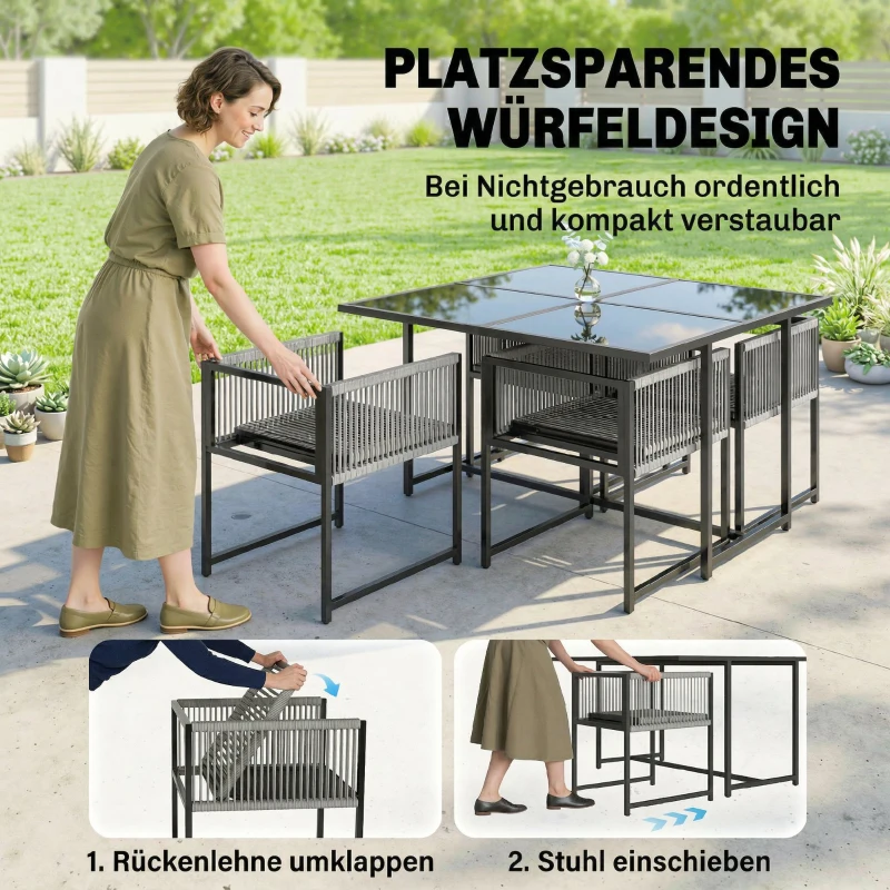 Outsunny Gartenmöbel Set Sitzgruppe 5-teilig Glastisch mit 4 Atmungsaktiven Stühlen klappbar Rückenlehne Seilflecht