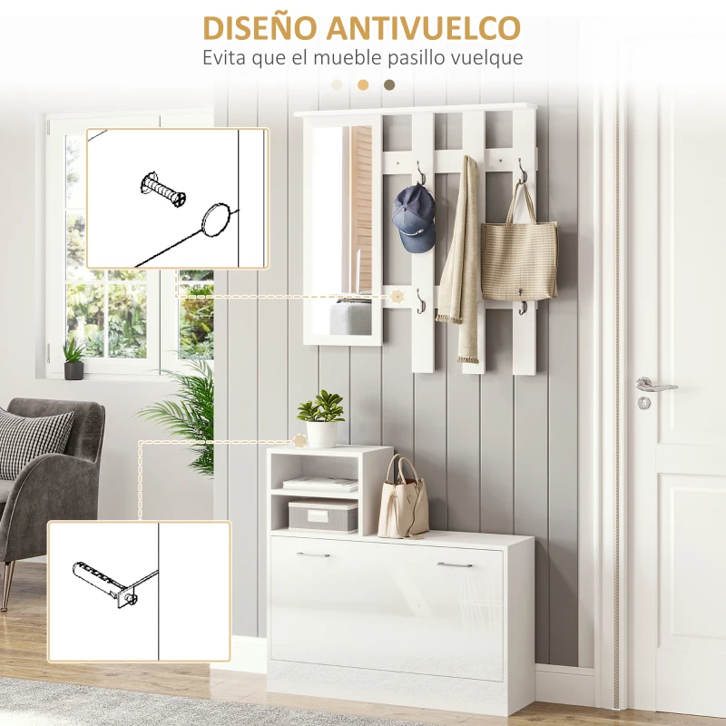 HOMCOM Recibidor con Espejo Perchero y Zapatero Muebles de Entrada con 6 Ganchos y Estantes para 8 Pares de Zapatos Blanco