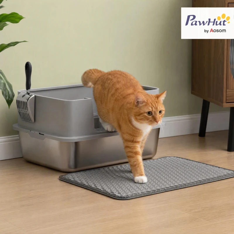 PawHut Bac à litière XL en acier inoxydable, maison de toilette pour grand chat, nettoyage facile 60,2 x 40,2 x 29,5 cm, gris