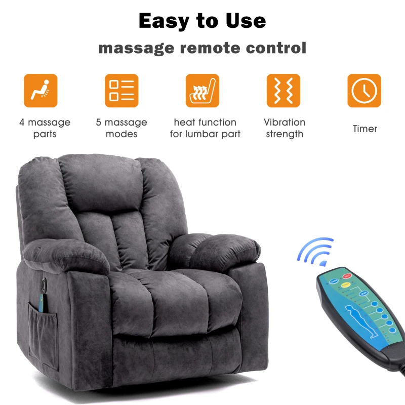 Power Lift Electric Recliner Chair with Heat and Vibration, Massage Chair with USB Ports and Side Pockets, Easy Assembly, 100x95x105 cm, Grey