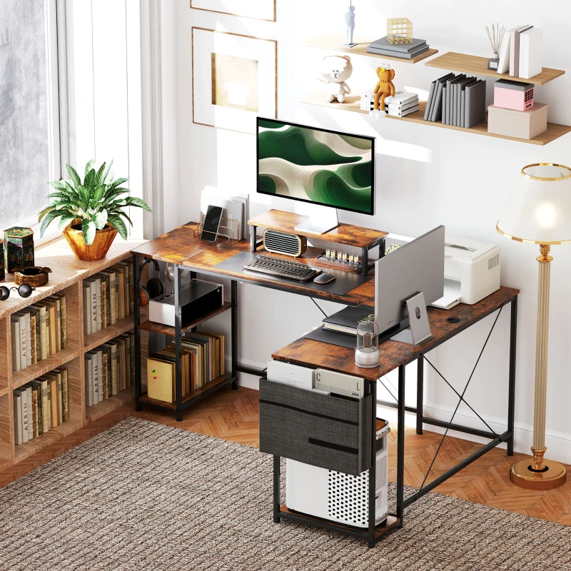 HOMCOM Bureau d'angle réversible, 168-240 cm, bureau d'ordinateur avec étagère réglable, support d'écran, brun rustique