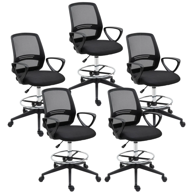 Vinsetto Ergonomic Mesh Back Drafting Chair, Tall Office Chair, Draughtsman Chair with Adjustable Height and Footrest 360° Swivel, Set of 5