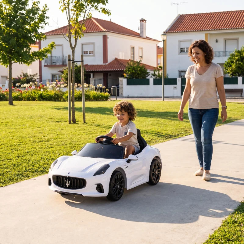 AIYAPLAY Carro Elétrico para Crianças Maserati Gran Turismo Folgore 12V Controlo Remoto Faróis Buzina e Música MP3 98x59x43 cm Branco