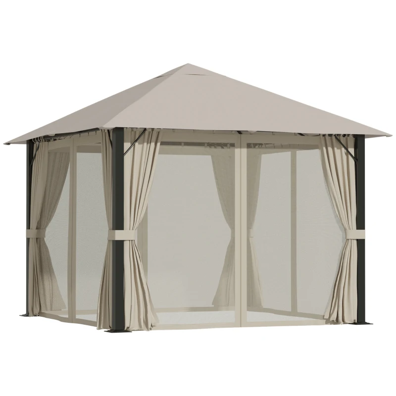 Outsunny Gazebo da Giardino 3x3m in Alluminio e Acciaio con Prese d'Aria, Zanzariera e Tende, Cachi
