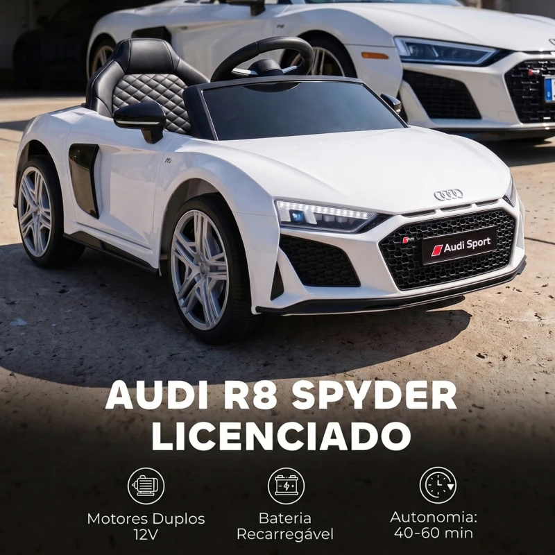 AIYAPLAY Carro Elétrico Infantil Audi R8 Spyder 12V com Comando 2,4 GHz, 2 Motores e Suspensão Traseira, Branco