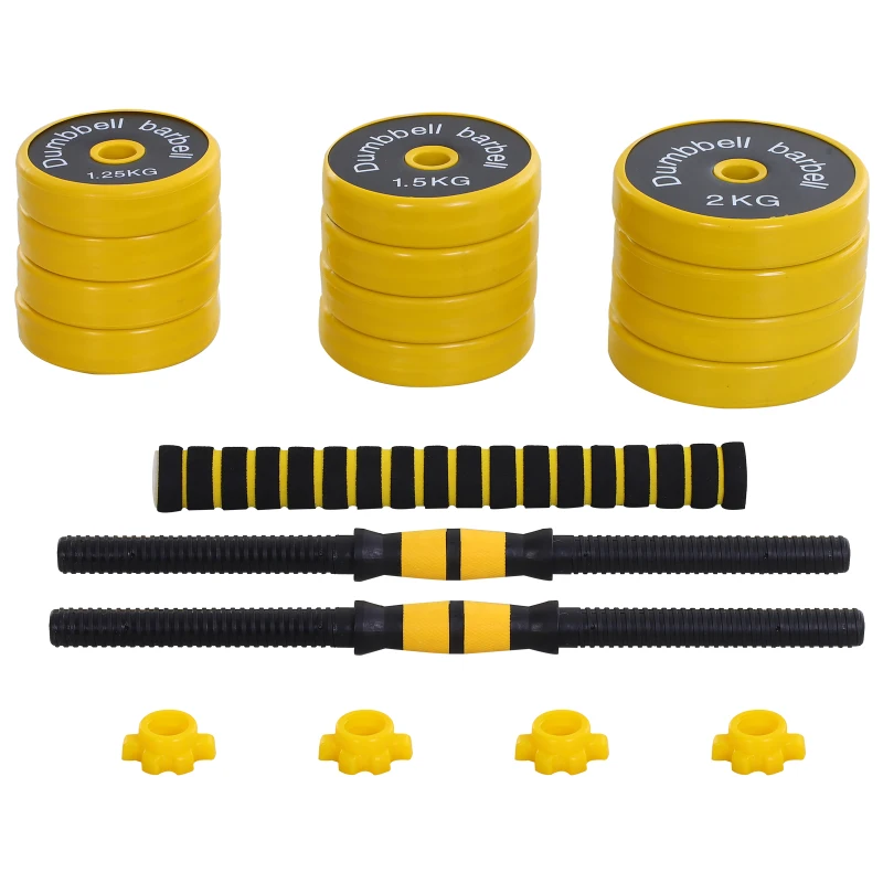 HOMCOM Set Manubri Regolabili 2 in 1 con Barra Bilanciere, Pesi Manubri Pesi con 12 Dischi per Allenamento Casa/Palestra, Nero e Giallo