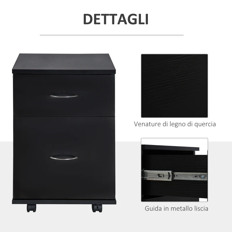 HOMCOM Cassettiera Ufficio e Casa 2 Cassetti e Ruote con Freno in Legno Nero
