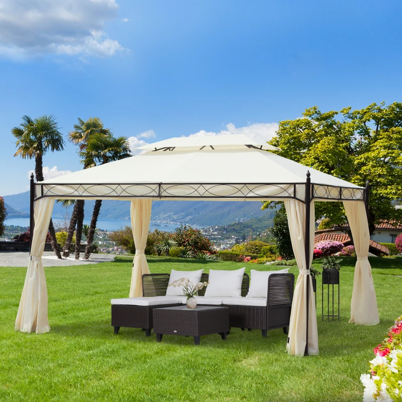 Outsunny Gazebo da Giardino 3x4m in Acciaio con Doppio Tetto e 4 Tende Laterali, Crema