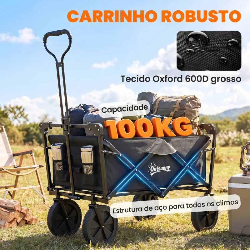 Outsunny Carrinho de Transporte Dobrável com Toldo Removível e Alça Ajustável Capacidade 100 kg para Campismo 97x52x105 cm Preto