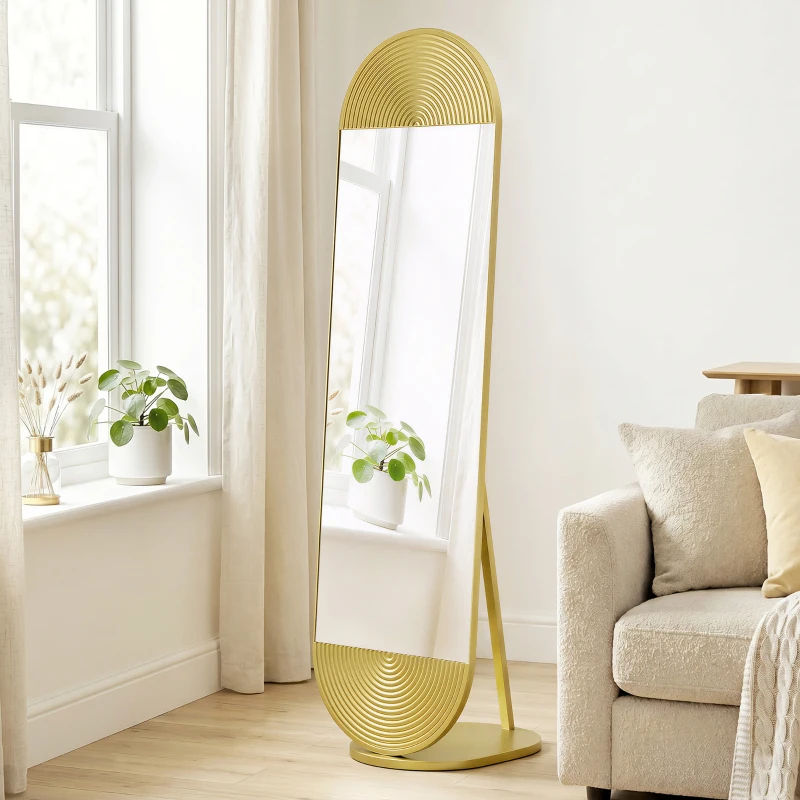 HOMCOM 50 x 161 cm Wavy Full Length Mirror, Free Standing Mirror with Metal Frame and Solid Base, Gold Tone