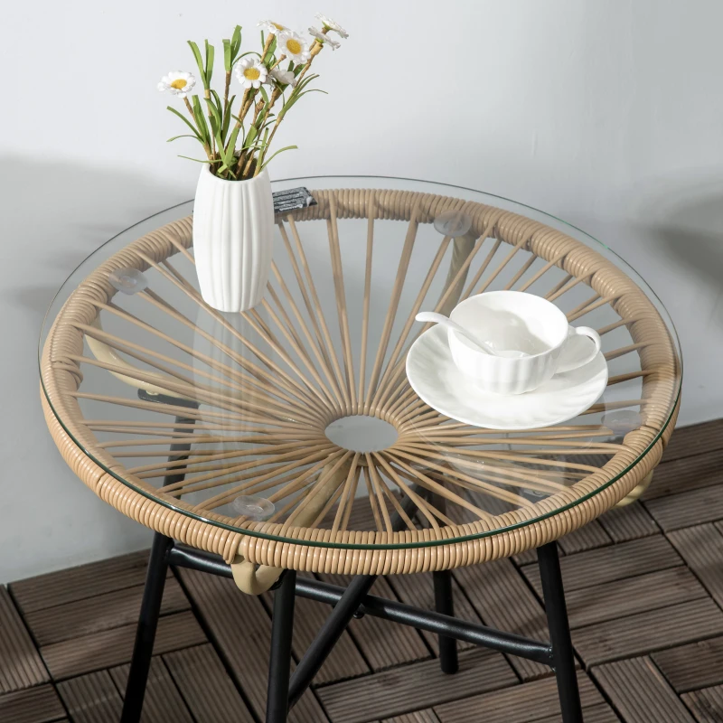 Outsunny Mesa Auxiliar de Ratán Sintético Redonda para Exteriores con Encimera de Vidrio Templado Ø50x50 cm Beige