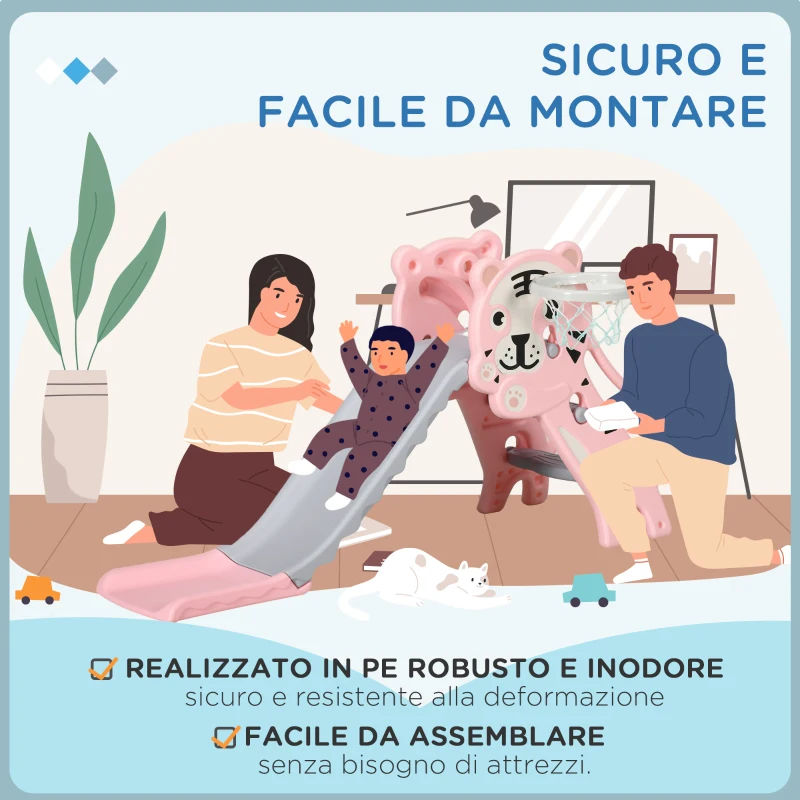 AIYAPLAY Scivolo per Bambini 18-36 Mesi con Canestro da Basket Laterale, in Plastica, 133x60x70 cm, Rosa e Grigio