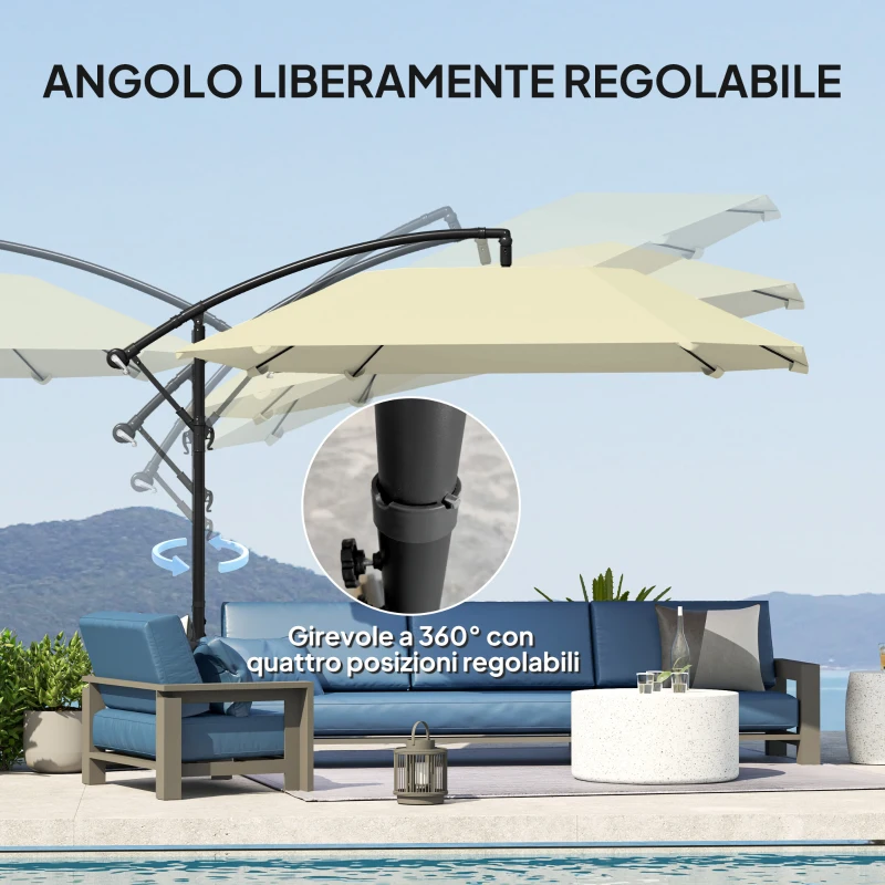 Outsunny Ombrellone a Sbalzo con Copertura Regolabile e Base a Croce, in Metallo e Poliestere, 260x304x245 cm, Crema