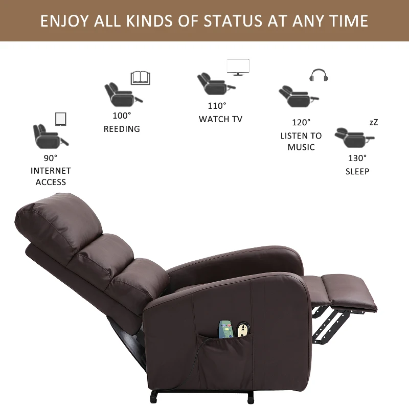 Power Lift Recliner Massage Chair with Heat & Vibration, Heavy Duty Safety Motion, Side Pockets, Remote Control, 73x91x109 cm, Brown