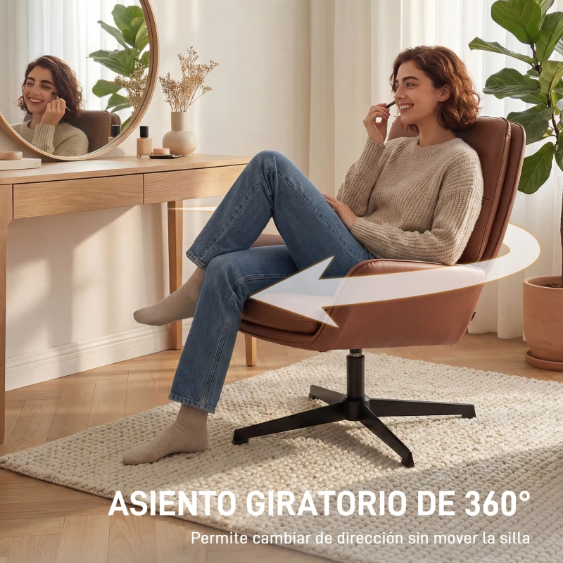 HOMCOM Butaca de Salón Tapizado en PU Sillón Lectura con Asiento Acolchado Reposabrazos Patas Metálicas Marrón