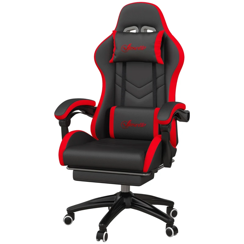 Vinsetto Cadeira Gaming Ergonómica Reclinável 135° de Couro PU com Suporte Lombar Altura Ajustável 65x65x129 cm Preto e Vermelho