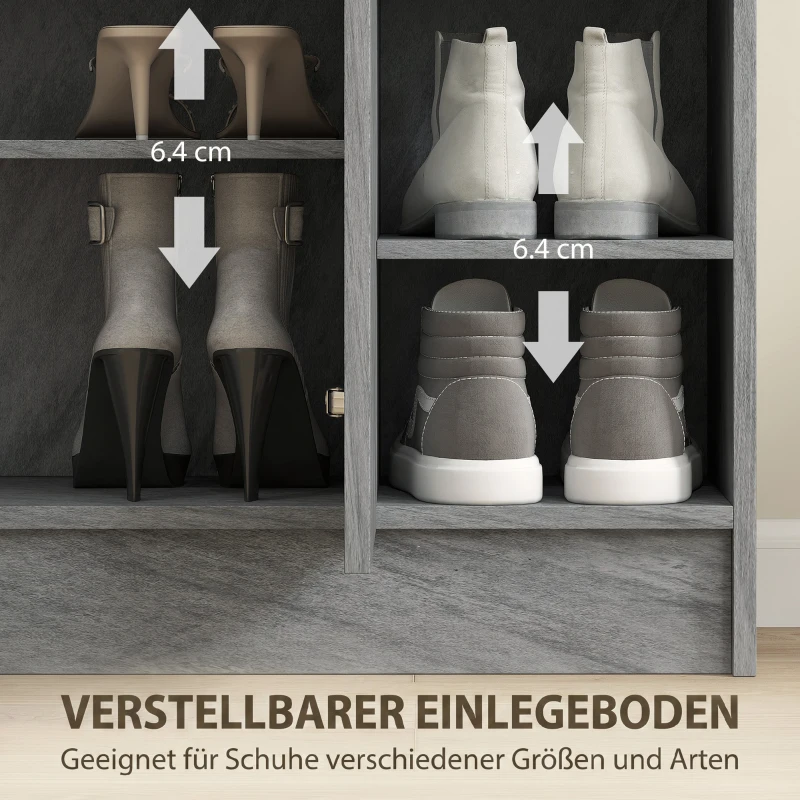 HOMCOM Schuhschrank, Platz für 12 Paar Schuhe, 2 Türen und 4 offene Fächer, für Flur oder Eingangsbereich, Grau