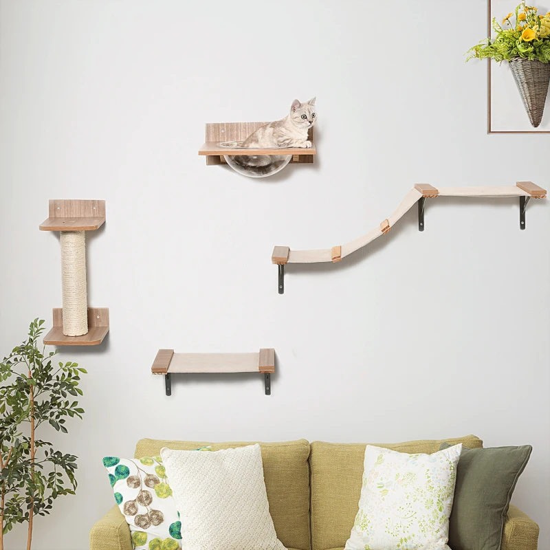 PawHut Kletterwand Katzen, 4-teilig Katzenkletterwand Set Katzen Wandelemente mit Kratzbaum Hängematte Sprungplattform Kratzsäule Katzentreppe Katzenwandmöbel für Klettern Schlafen bis 5 kg Hellbraun