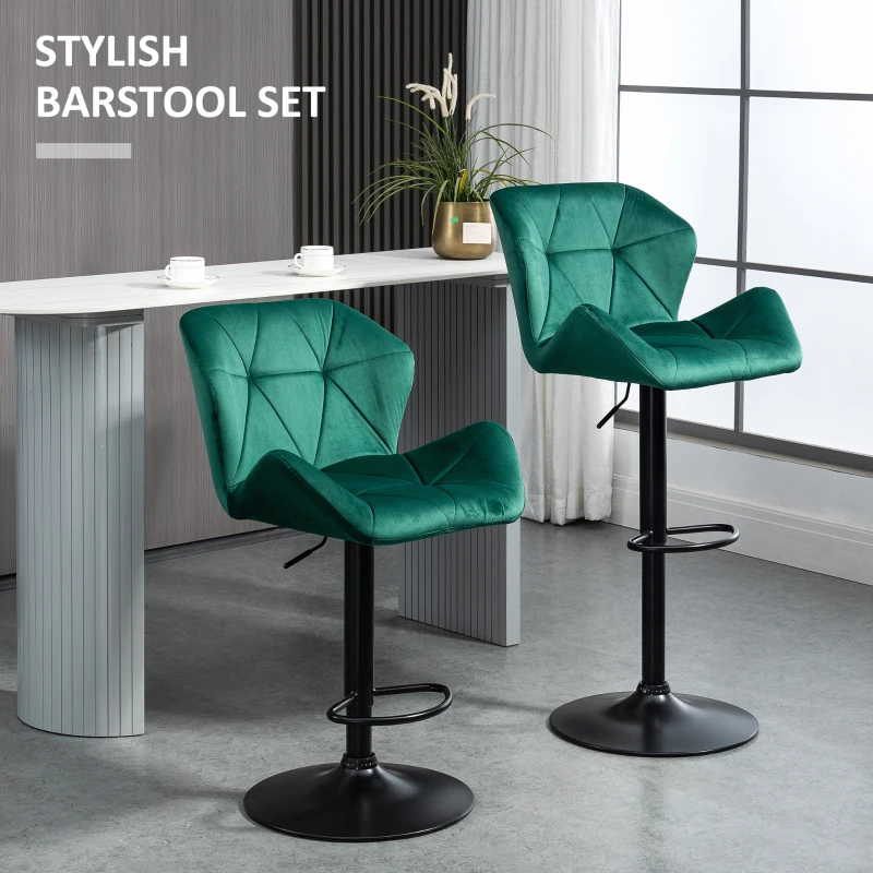 IE Located HOMCOM Velvet-Touch Bar Stools Set of 2 Fabric Adjustable Height Armless Counter Chairs with Swivel Seat, Green