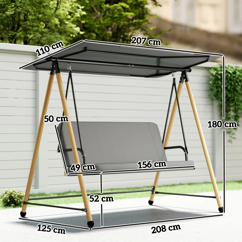 Outsunny Dondolo 3 Posti con Tettoia Regolabile e Cuscino, in Acciaio, Texteline e Poliestere, 208x125x180 cm, Grigio