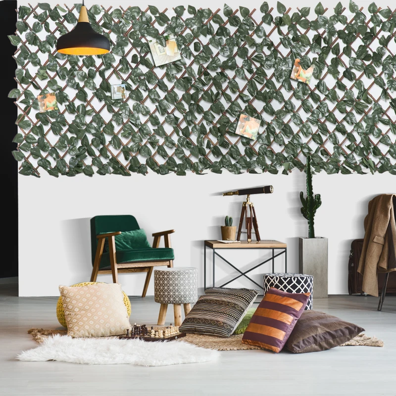 Outsunny Finta Siepe 8 Pezzi Parete Verde Estensibile per Esterni, in Legno e Poliestere, 200x100cm