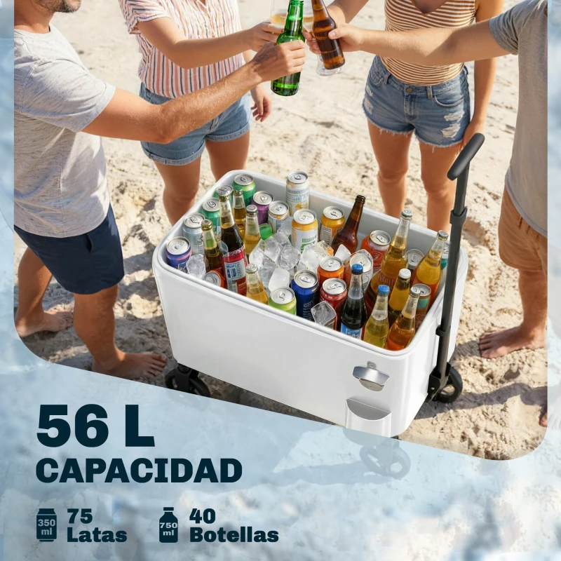 Outsunny Carrito Nevera de 56L con Ruedas Mango Ajustable Abrebotellas Recogetapas Drenaje y Asa 75x35x120 cm Blanco