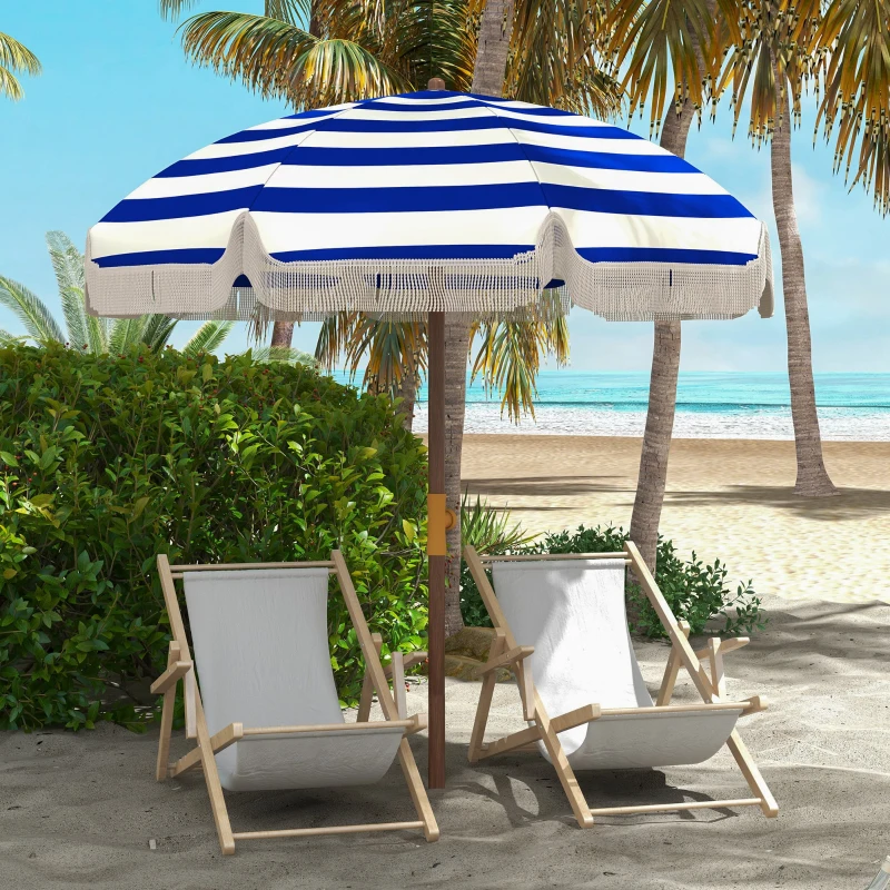 Outsunny Sombrilla de Playa con Flecos Ø190x210 cm con Protección UV40+ Antiviento Impermeable Bolsa de Transporte Azul y Blanco
