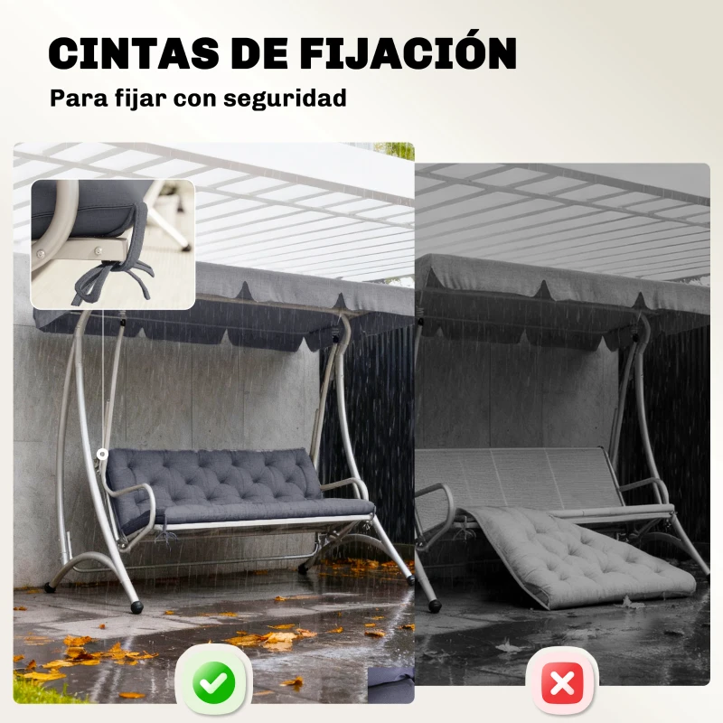 Outsunny Cojín para Banco de Jardín con Respaldo, 150x98x8 cm, Colchón de Banco de 3 Plazas para Interior y Exterior con Relleno Grueso y Cintas de Sujeción, para Columpio, Terraza, Balcón Gris Oscuro